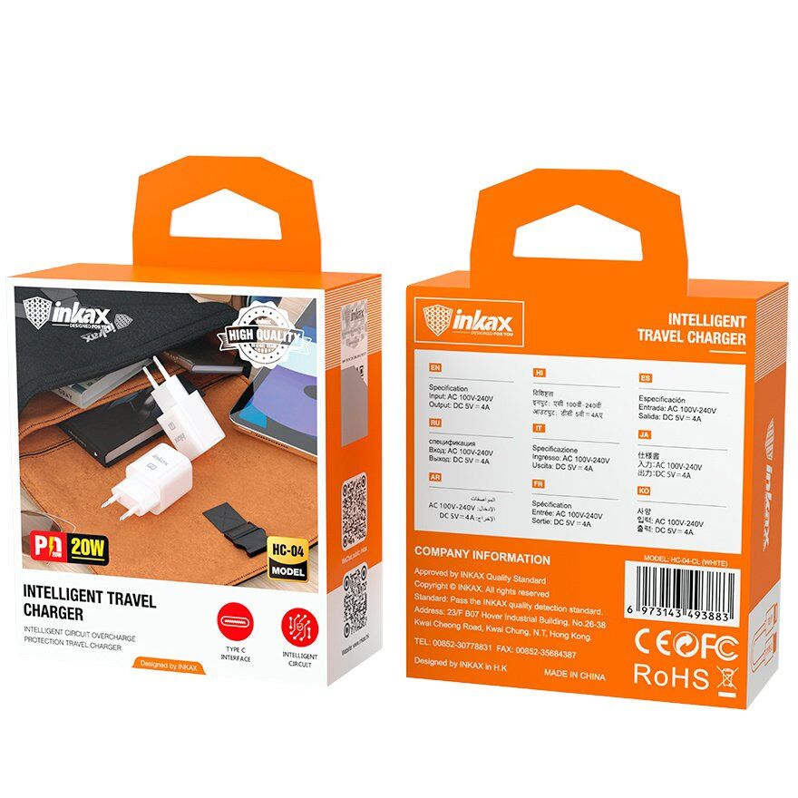 Мережевий зарядний пристрій INKAX HC-04 PD 3.1A 20W + USB кабель Type-C to Lightning