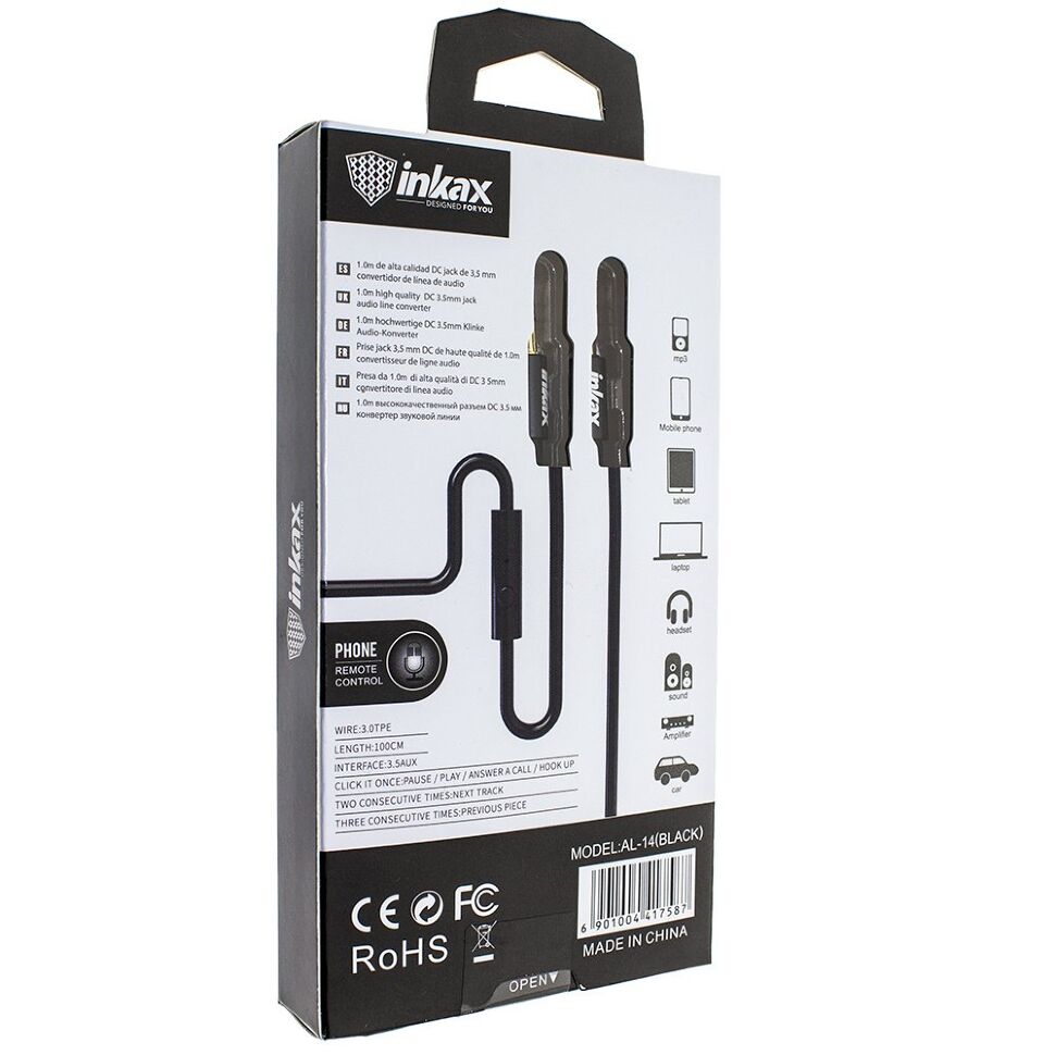 Кабель AUX INKAX AL-14 1 м с микрофоном и кнопкой приема вызова