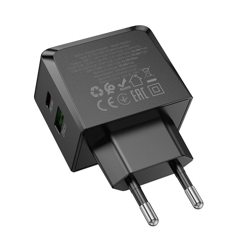 Мережевий зарядний пристрій BOROFONE BAS61A TYPE-C PD 30W + USB QC3.0, чорний Мережевий зарядний пристрій BOROFONE BAS61A TYPE-C PD 30W + USB QC3.0, чорний