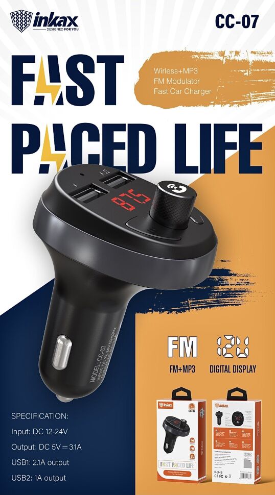 FM модулятор INKAX CC-07 2 USB 3.1A Bluetooth з гучним зв'язком FM модулятор INKAX CC-07 2 USB 3.1A Bluetooth з гучним зв'язком