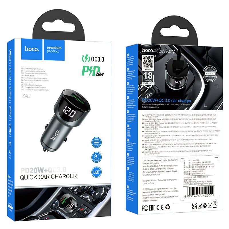 Автомобільний зарядний пристрій HOCO Z42 PD 20W TYPE-C / USB QC 3.0, сірий Автомобільний зарядний пристрій HOCO Z42 PD 20W TYPE-C / USB QC 3.0, сірий