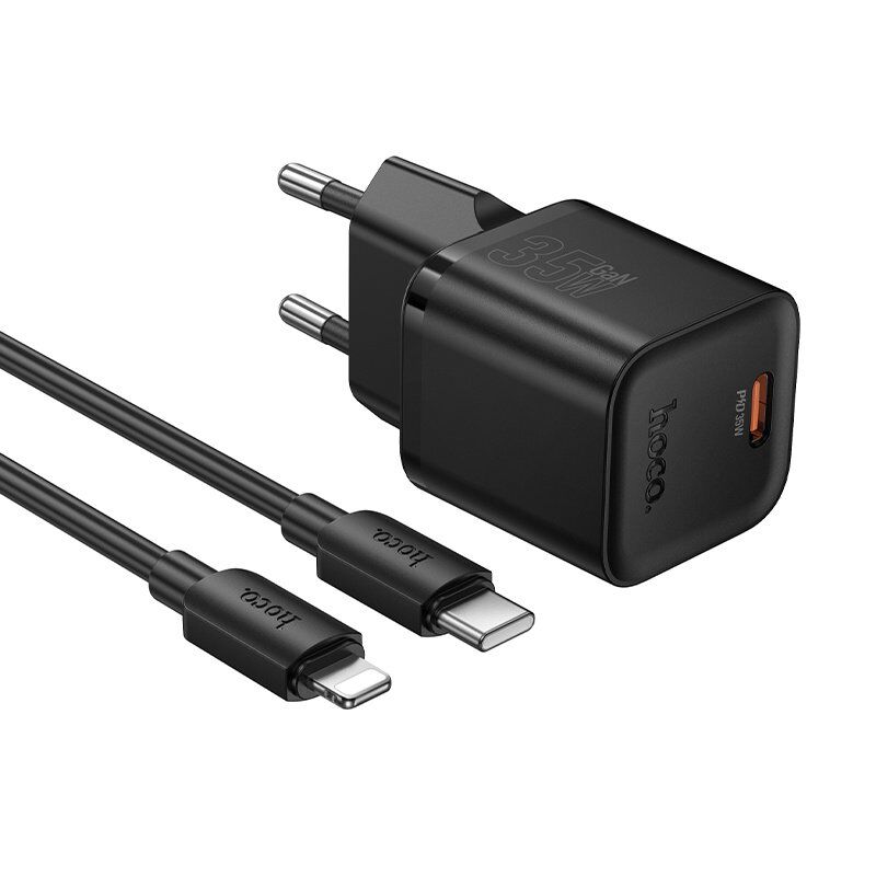 Зарядний пристрій HOCO N66 Ingenious, 35 Вт PD, один USB-C порт, комплект з кабелем Type-C to Lightning, EU-вилка, чорний Зарядний пристрій HOCO N66 Ingenious, 35 Вт PD, один USB-C порт, комплект з кабелем Type-C to Lightning, EU-вилка, чорний