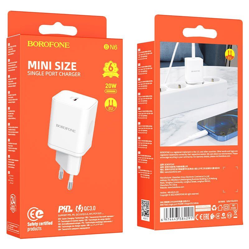 Мережевий зарядний пристрій BOROFONE BN6 Field PD20W USB-C Мережевий зарядний пристрій BOROFONE BN6 Field PD20W USB-C
