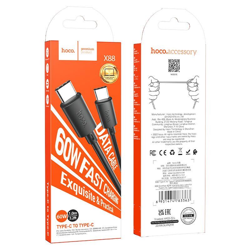 USB-C кабель HOCO X88 60W Type-C - Type-C 1 MЕТР ЧОРНИЙ USB-C кабель HOCO X88 60W Type-C - Type-C 1 MЕТР ЧОРНИЙ