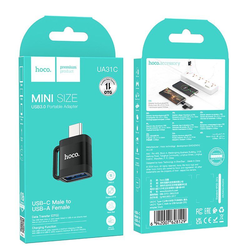 Адаптер HOCO UA31C (Type-C → USB-A), OTG, алюмінієвий корпус, чорний Адаптер HOCO UA31C (Type-C → USB-A), OTG, алюмінієвий корпус, чорний
