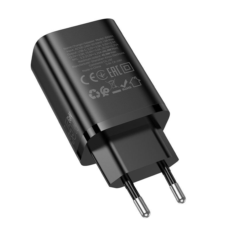Мережевий зарядний пристрій BOROFONE BA86A TYPE-C PD 45W, чорний Мережевий зарядний пристрій BOROFONE BA86A TYPE-C PD 45W, чорний
