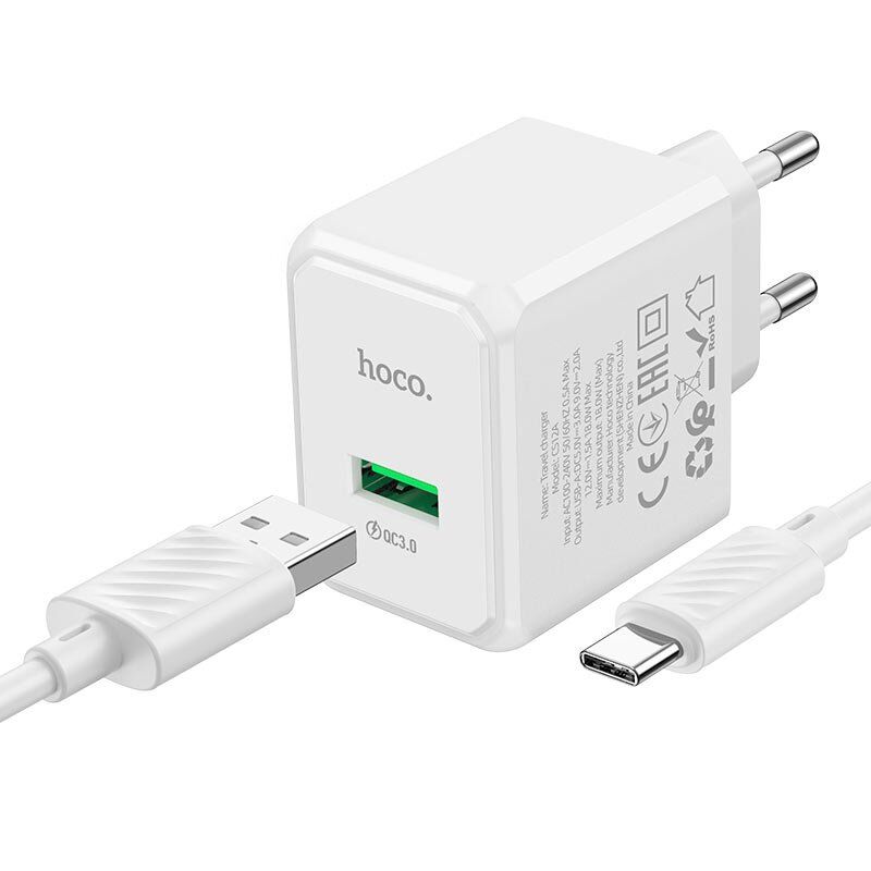 Мережевий зарядний пристрій HOCO CS12A QC3.0 USB + КАБЕЛЬ USB - Type-C БІЛИЙ Мережевий зарядний пристрій HOCO CS12A QC3.0 USB + КАБЕЛЬ USB - Type-C БІЛИЙ