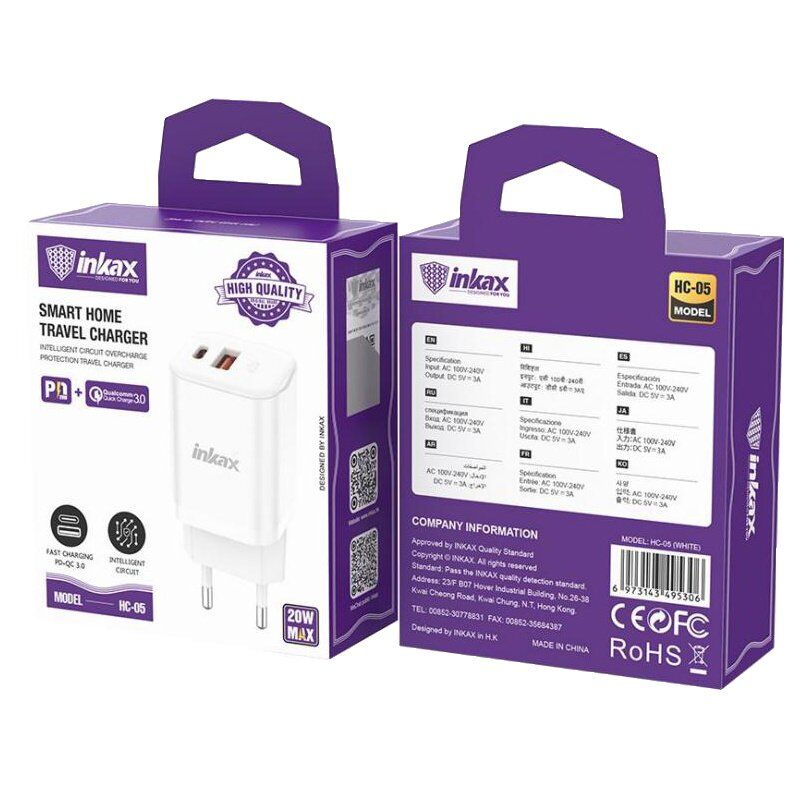 Мережевий зарядний пристрій INKAX HC-05 1 USB QC 3.0 18W / 1 TYPE-C PD 20W