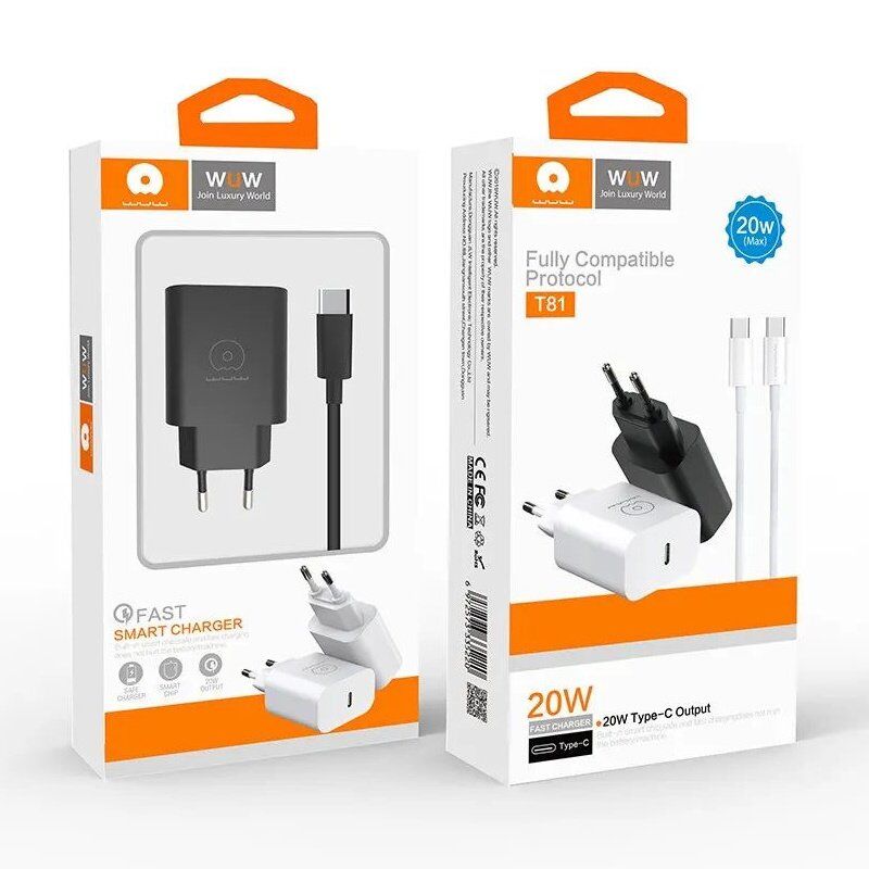 Мережевий зарядний пристрій WUW T81 20W Type-C PD + USB кабель Type-C - Type-C БІЛИЙ Мережевий зарядний пристрій WUW T81 20W Type-C PD + USB кабель Type-C - Type-C БІЛИЙ