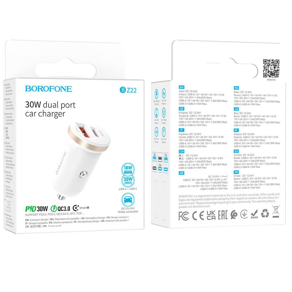 Автомобільний зарядний пристрій BOROFONE BZ22 Scenery TYPE-C PD 30W + USB QC3.0, білий