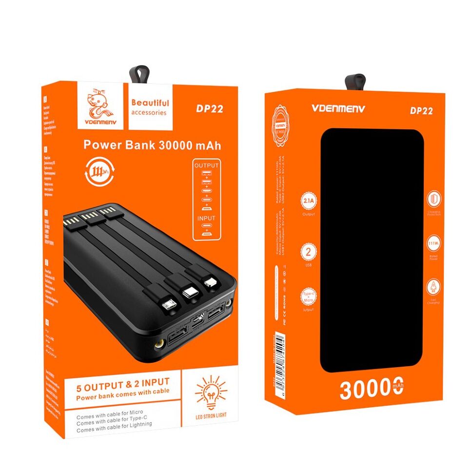 POWERBANK DENMEN DP22 30000mAh 2.0A LED power display Вбудовані кабелі POWERBANK DENMEN DP22 30000mAh 2.0A LED power display Вбудовані кабелі