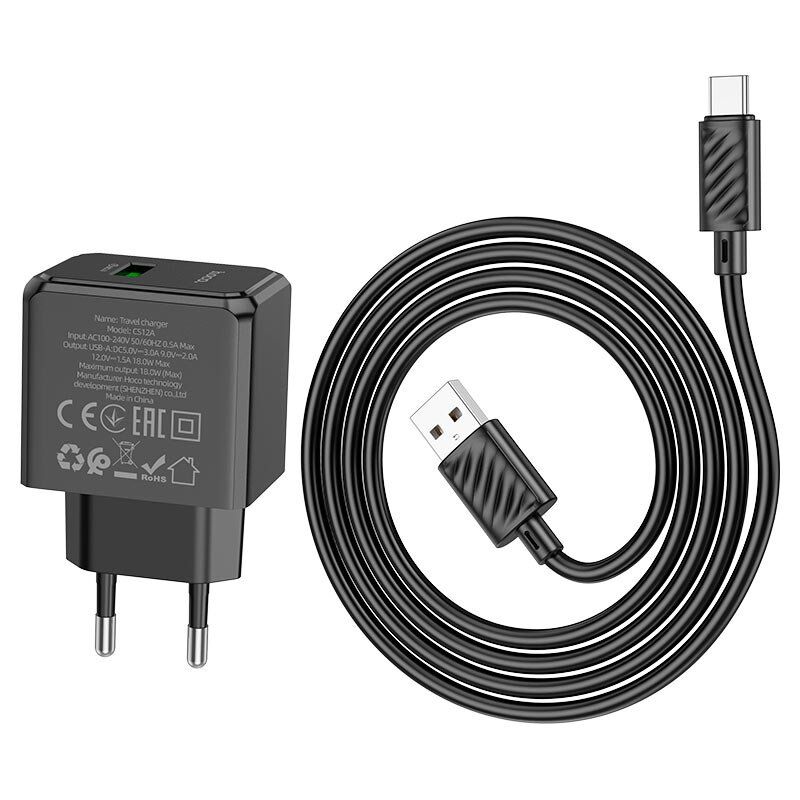 Мережевий зарядний пристрій HOCO CS12A QC3.0 USB + КАБЕЛЬ USB - Type-C ЧОРНИЙ