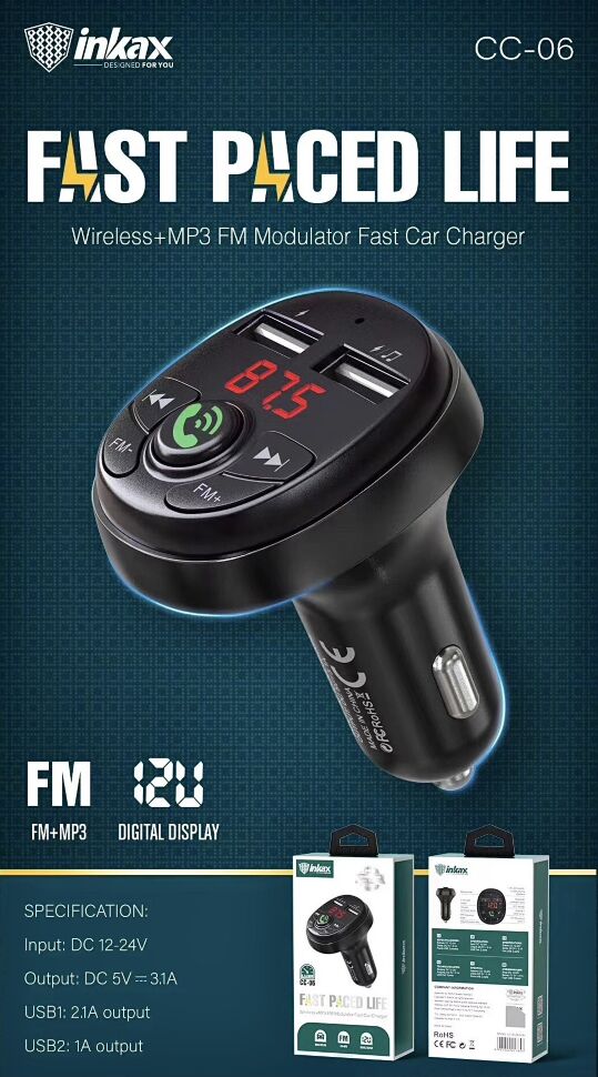 FM модулятор INKAX CC-06 2 USB 3.1A Bluetooth з гучним зв'язком FM модулятор INKAX CC-06 2 USB 3.1A Bluetooth з гучним зв'язком