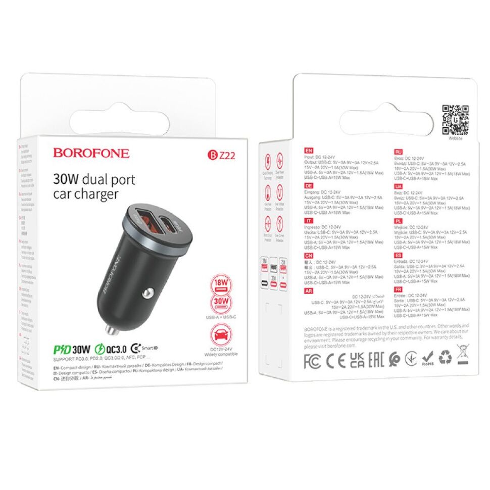 Автомобільний зарядний пристрій BOROFONE BZ22 Scenery TYPE-C PD 30W + USB QC3.0, чорний