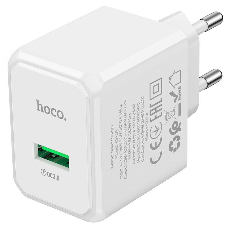 Мережевий зарядний пристрій HOCO CS12A QC3.0 USB 18W, БІЛИЙ Мережевий зарядний пристрій HOCO CS12A QC3.0 USB 18W, БІЛИЙ
