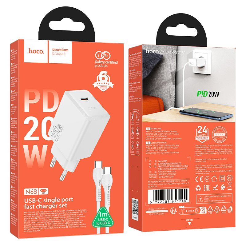 Зарядний пристрій HOCO N68 Nuevo, 20 Вт PD, один USB-C порт, комплект з кабелем Type-C to Type-C, EU-вилка, білий Зарядний пристрій HOCO N68 Nuevo, 20 Вт PD, один USB-C порт, комплект з кабелем Type-C to Type-C, EU-вилка, білий