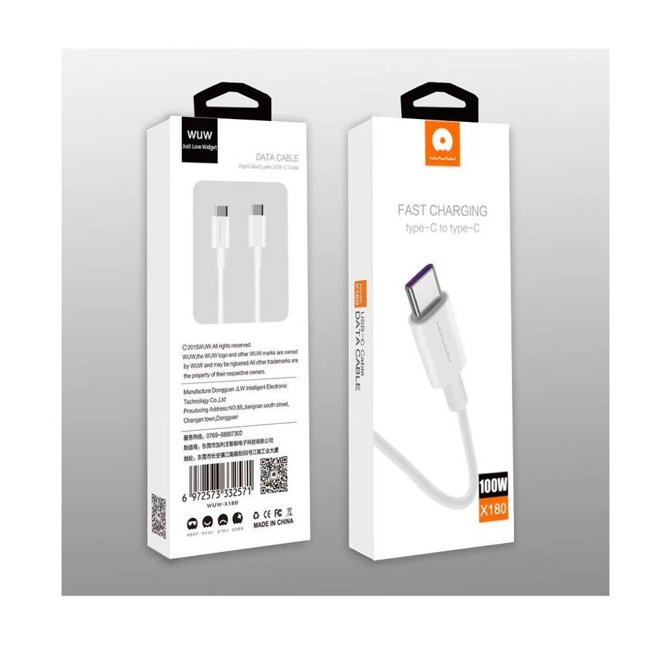Кабель USB-C WUW X180 USB-C - Type-C 100W БІЛИЙ Кабель USB-C WUW X180 USB-C - Type-C 100W БІЛИЙ
