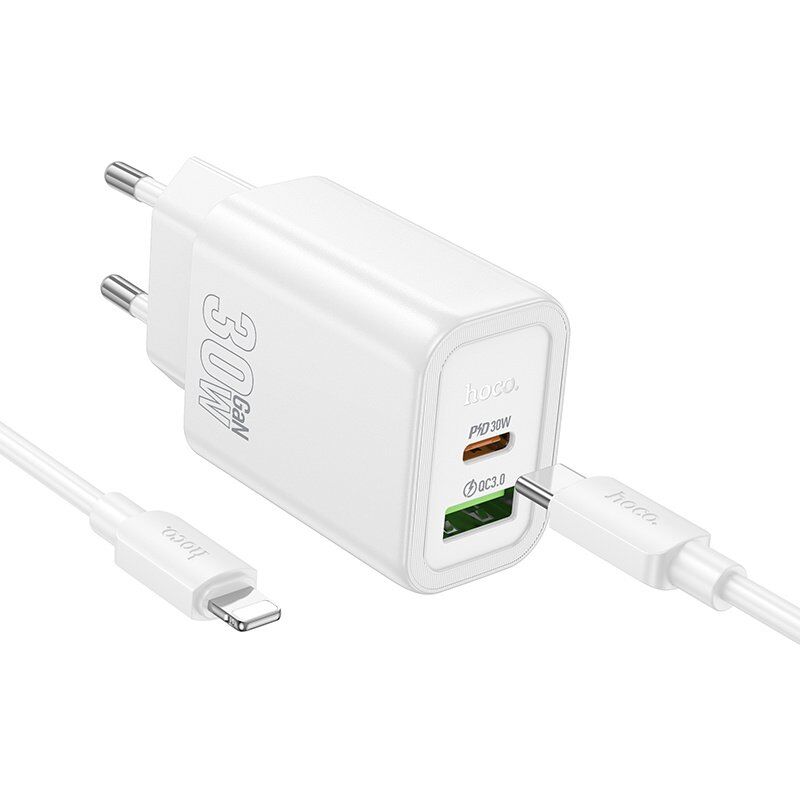 Мережевий зарядний пристрій HOCO N63 TYPE-C PD 30W + USB QC 3.0 + КАБЕЛЬ TYPE-C - LIGHTNING, білий