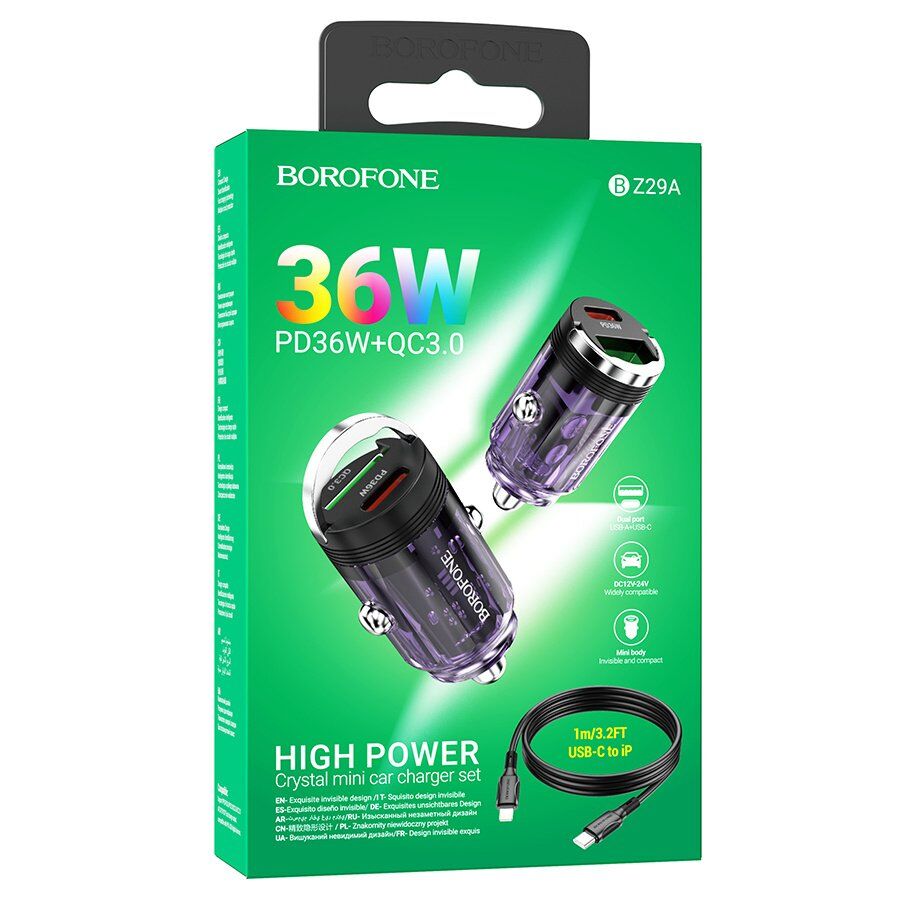 Автомобільний зарядний пристрій BOROFONE BZ29A PD 36W TYPE-C / USB QC3.0 + кабель TYPE-C - LIGHTNING, фіолетовий Автомобільний зарядний пристрій BOROFONE BZ29A PD 36W TYPE-C / USB QC3.0 + кабель TYPE-C - LIGHTNING, фіолетовий