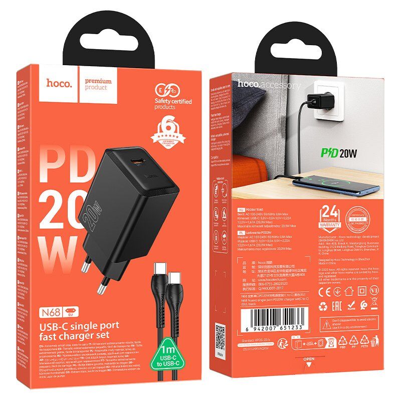 Зарядний пристрій HOCO N68 Nuevo, 20 Вт PD, один USB-C порт, комплект з кабелем Type-C to Type-C, EU-вилка, чорний Зарядний пристрій HOCO N68 Nuevo, 20 Вт PD, один USB-C порт, комплект з кабелем Type-C to Type-C, EU-вилка, чорний