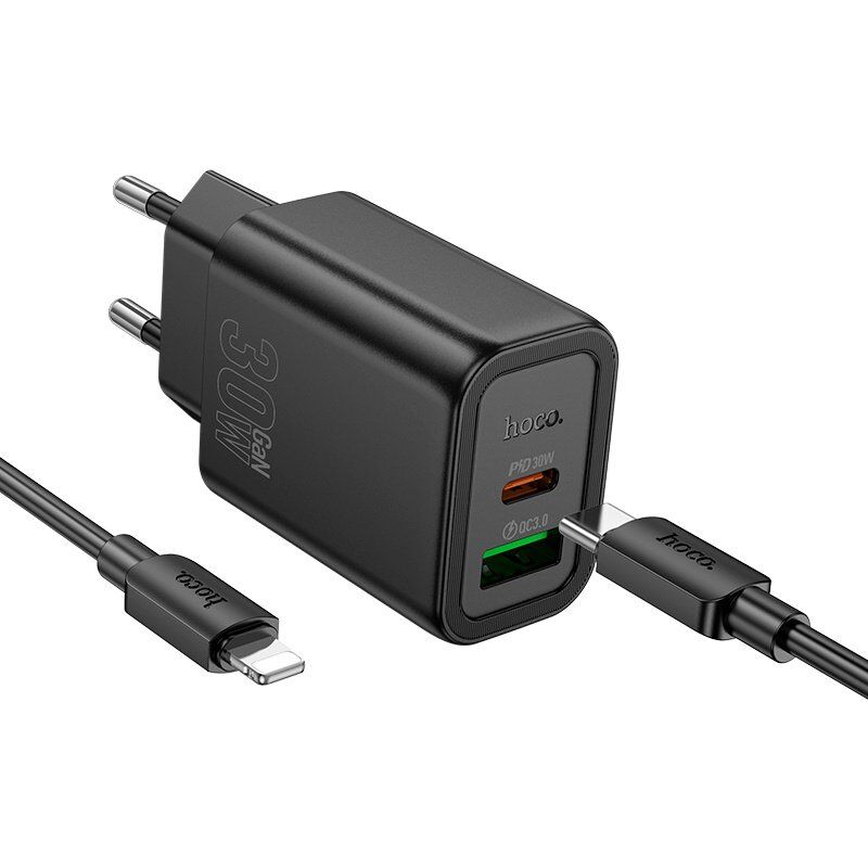 Мережевий зарядний пристрій HOCO N63 TYPE-C PD 30W + USB QC 3.0 + КАБЕЛЬ TYPE-C - LIGHTNING, чорний