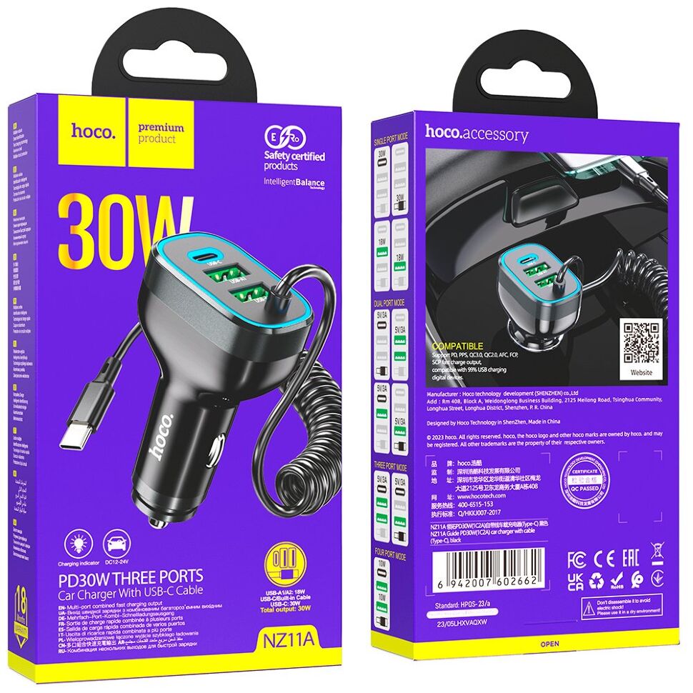 Зарядний пристрій HOCO NZ11A TYPE-C PD 30W/2USB + вбудований кабель Type-C, чорний Зарядний пристрій HOCO NZ11A TYPE-C PD 30W/2USB + вбудований кабель Type-C, чорний