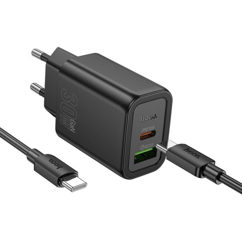 Мережевий зарядний пристрій HOCO N63 TYPE-C PD 30W + USB QC 3.0 + КАБЕЛЬ TYPE-C - TYPE-C, чорний