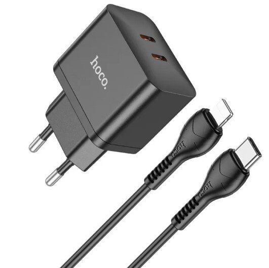 Мережевий зарядний пристрій HOCO N29 PD 35W 2 TYPE-C + кабель TYPE-C - LIGHTNING, чорний