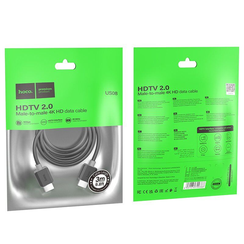 Кабель HOCO US08 4K HDMI - HDMI, 3 метри Кабель HOCO US08 4K HDMI - HDMI, 3 метри