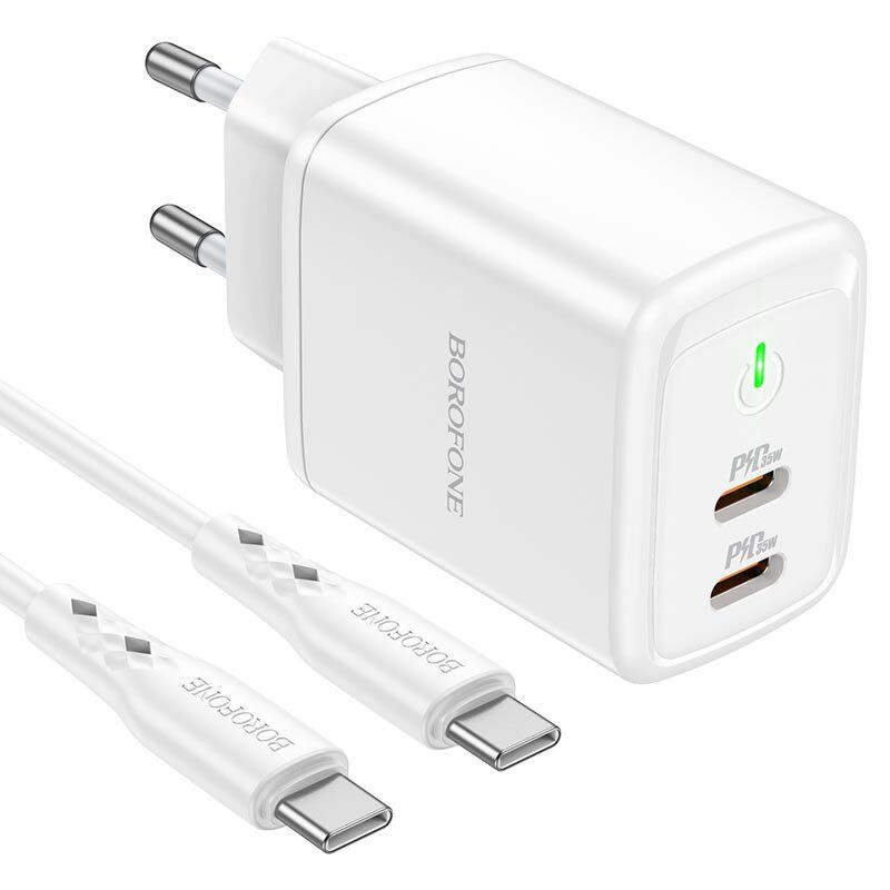 Мережевий зарядний пристрій BOROFONE BN9 Reacher PD35W dual port USB-C + кабель TYPE-C - TYPE-C Мережевий зарядний пристрій BOROFONE BN9 Reacher PD35W dual port USB-C + кабель TYPE-C - TYPE-C