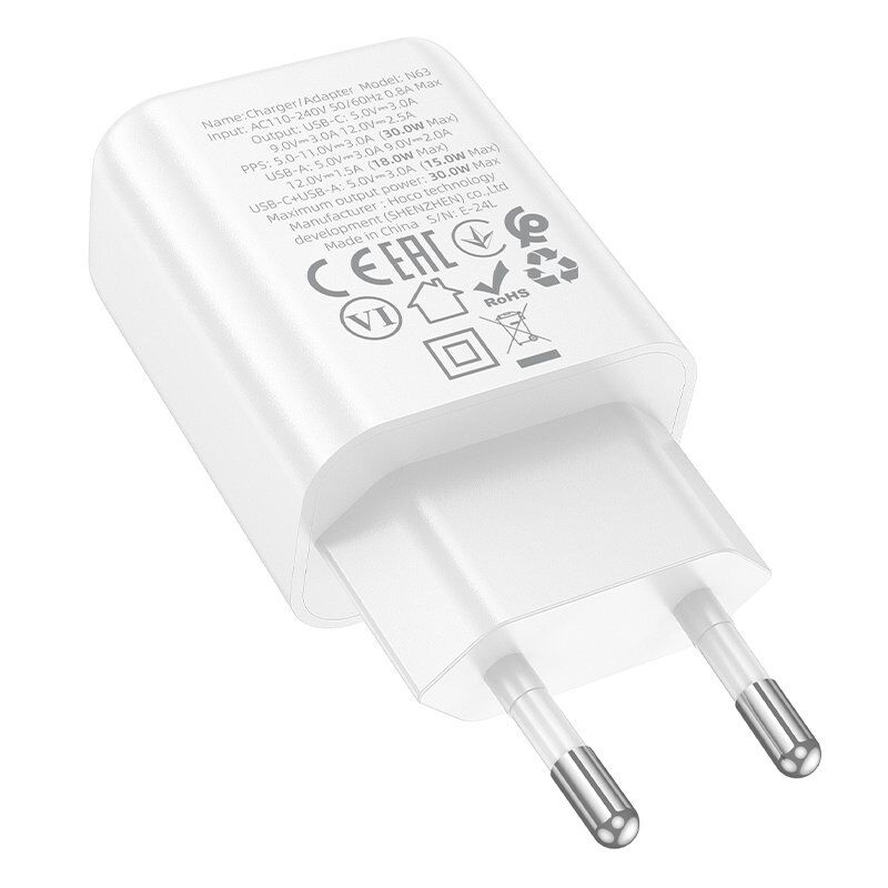 Мережевий зарядний пристрій HOCO N63 TYPE-C PD 30W + USB QC 3.0, білий Мережевий зарядний пристрій HOCO N63 TYPE-C PD 30W + USB QC 3.0, білий