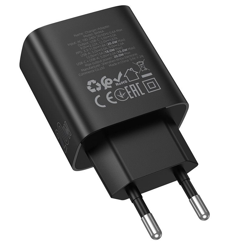 Мережевий зарядний пристрій BOROFONE BA96A TYPE-C PD 20W + USB QC3.0, чорний