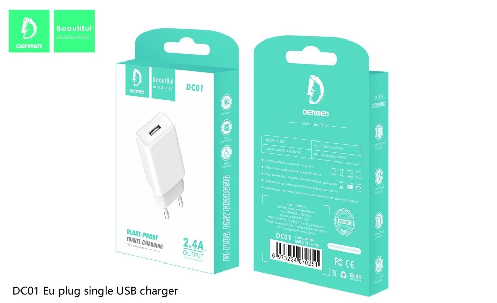 Мережевий зарядний пристрій DENMEN DC01 2.4A 1USB БІЛИЙ Мережевий зарядний пристрій DENMEN DC01 2.4A 1USB БІЛИЙ