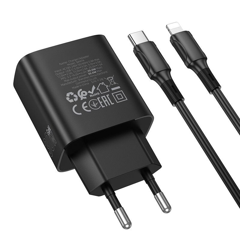 Мережевий зарядний пристрій BOROFONE BA97A TYPE-C PD 30W + кабель TYPE-C - LIGHTNING, чорний
