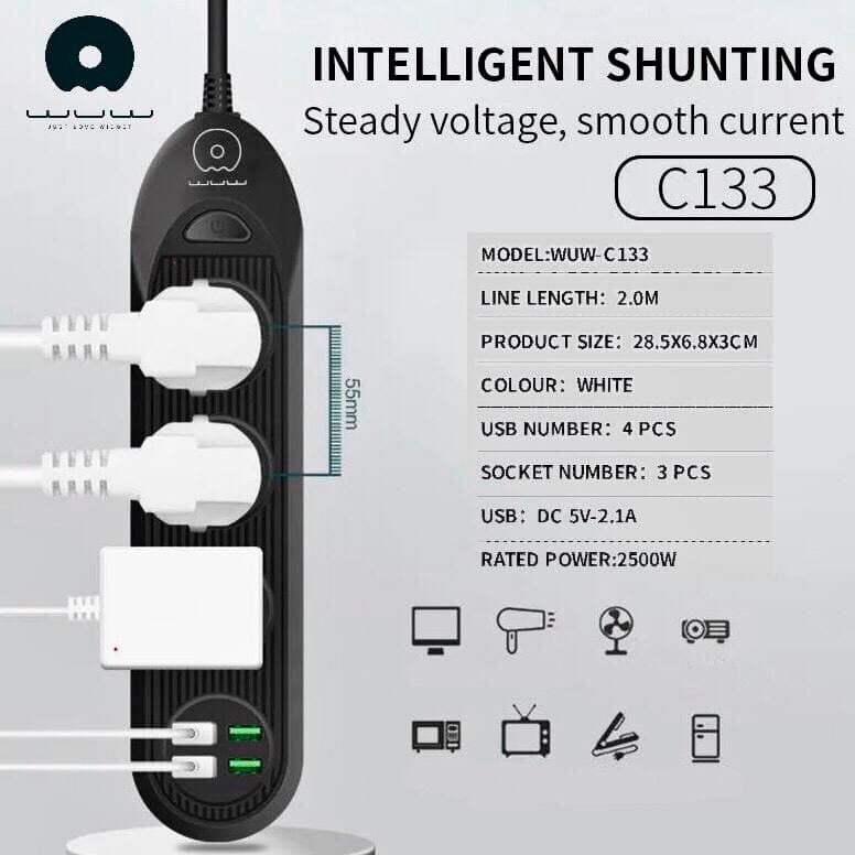 Мережевий подовжувач із USB зарядкою WUW C133 4USB 2.1A 3SOCKET 10A