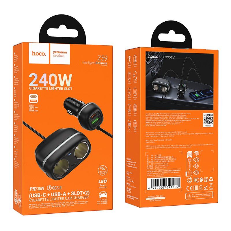 Автомобільний зарядний пристрій HOCO Z59 з двума роз'ємами прикурювача TYPE-C PD 30W + USB QC 3.0, чорний Автомобільний зарядний пристрій HOCO Z59 з двума роз'ємами прикурювача TYPE-C PD 30W + USB QC 3.0, чорний