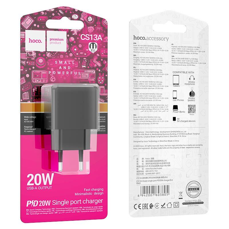 Мережевий зарядний пристрій HOCO CS13A PD 20W TYPE-C ЧОРНИЙ Мережевий зарядний пристрій HOCO CS13A PD 20W TYPE-C ЧОРНИЙ