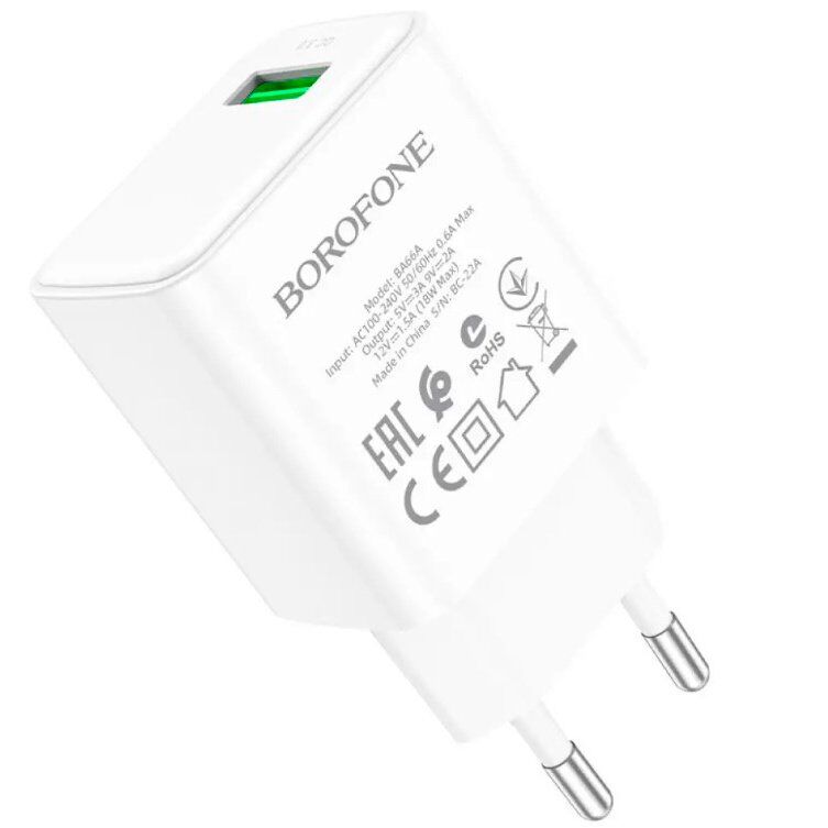 Мережевий зарядний пристрій BOROFONE BA66A USB QC3.0, білий Мережевий зарядний пристрій BOROFONE BA66A USB QC3.0, білий