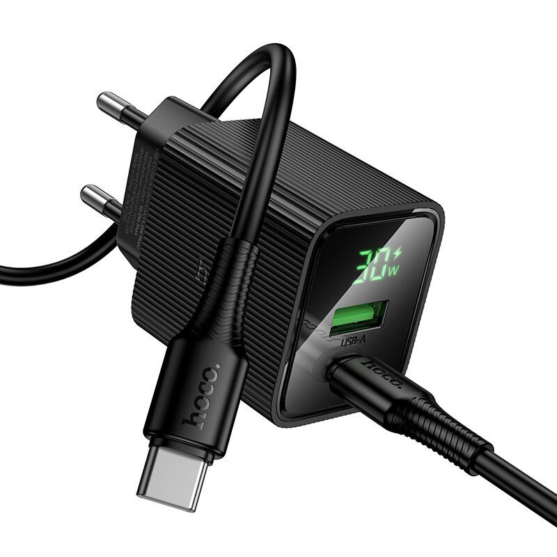 Мережевий зарядний пристрій HOCO CS84A Excellent PD30W + QC3.0 з цифровим дисплеєм + кабель TYPE-C - TYPE-C, чорний