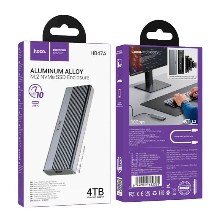 Кишеня для жорстких дисків HOCO HB47A M.2 SSD USB 3.2 / 10Gbps / max 4TB, сірий Кишеня для жорстких дисків HOCO HB47A M.2 SSD USB 3.2 / 10Gbps / max 4TB, сірий