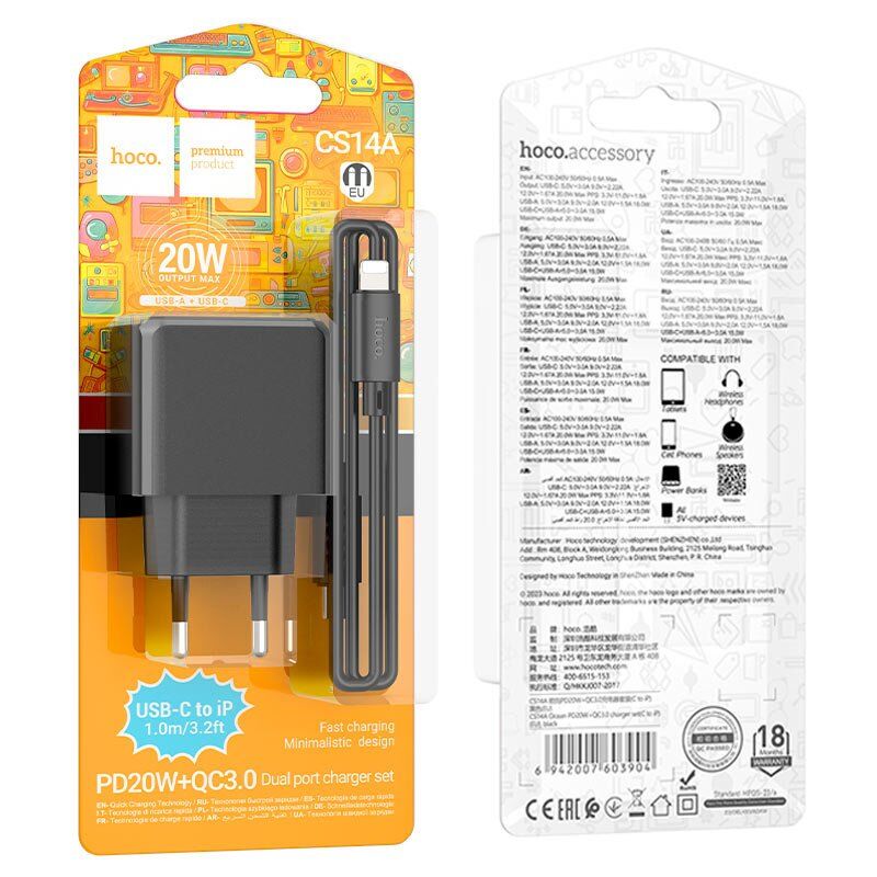 Мережевий зарядний пристрій HOCO CS14A TYPE-C PD 20W + USB QC 3.0 + кабель TYPE-C - LIGHTNING, чорний Мережевий зарядний пристрій HOCO CS14A TYPE-C PD 20W + USB QC 3.0 + кабель TYPE-C - LIGHTNING, чорний