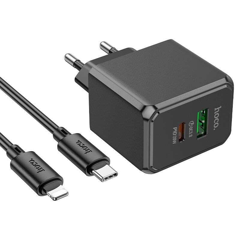 Мережевий зарядний пристрій HOCO CS14A TYPE-C PD 20W + USB QC 3.0 + кабель TYPE-C - LIGHTNING, чорний Мережевий зарядний пристрій HOCO CS14A TYPE-C PD 20W + USB QC 3.0 + кабель TYPE-C - LIGHTNING, чорний