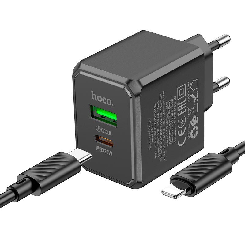 Мережевий зарядний пристрій HOCO CS14A TYPE-C PD 20W + USB QC 3.0 + кабель TYPE-C - LIGHTNING, чорний Мережевий зарядний пристрій HOCO CS14A TYPE-C PD 20W + USB QC 3.0 + кабель TYPE-C - LIGHTNING, чорний