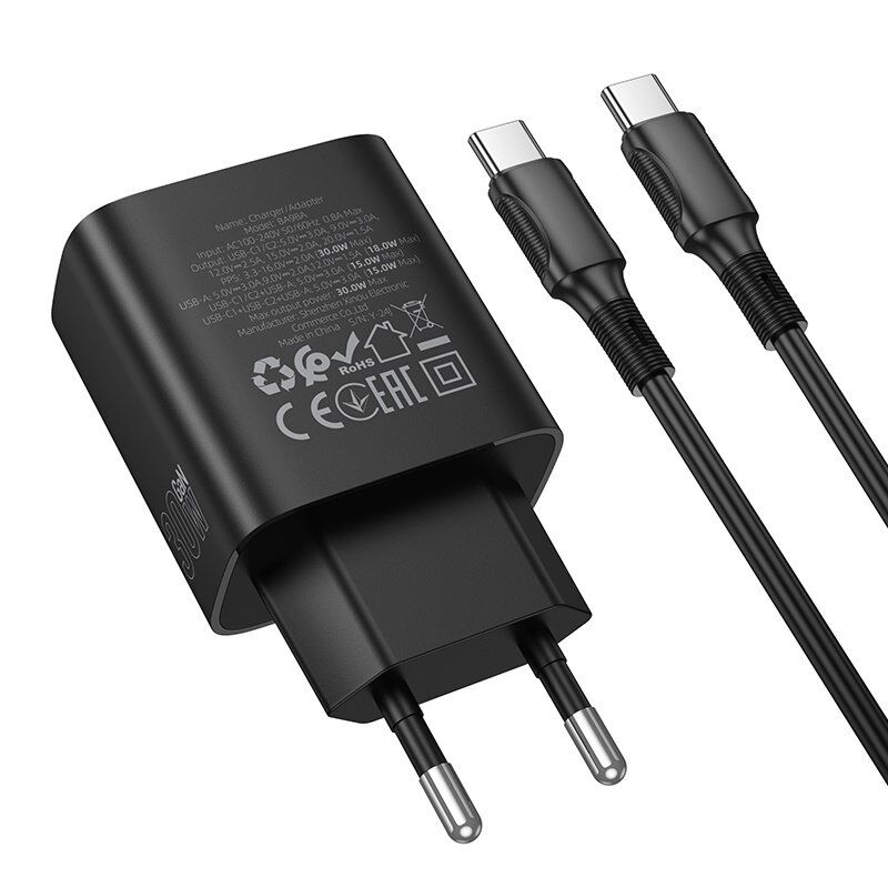 Мережевий зарядний пристрій BOROFONE BA98A TYPE-C*2 PD 30W / USB QC3.0 + кабель TYPE-C - TYPE-C, чорний Мережевий зарядний пристрій BOROFONE BA98A TYPE-C*2 PD 30W / USB QC3.0 + кабель TYPE-C - TYPE-C, чорний