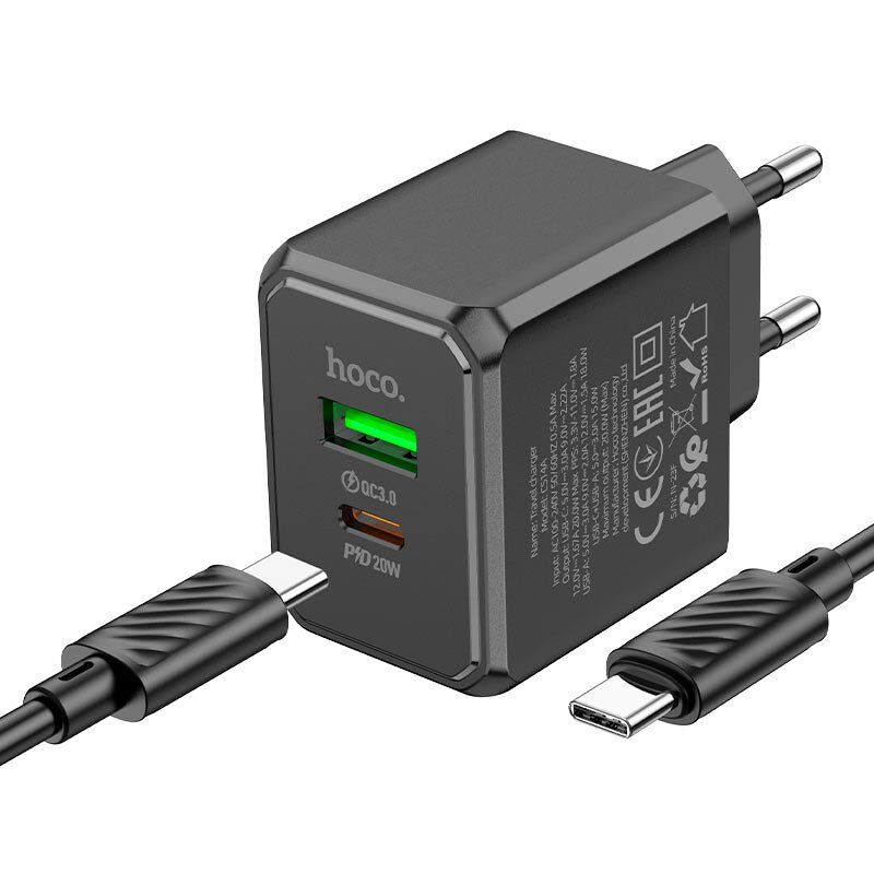 Мережевий зарядний пристрій HOCO CS14A TYPE-C PD 20W + USB QC 3.0 + кабель TYPE-C - TYPE-C, чорний Мережевий зарядний пристрій HOCO CS14A TYPE-C PD 20W + USB QC 3.0 + кабель TYPE-C - TYPE-C, чорний