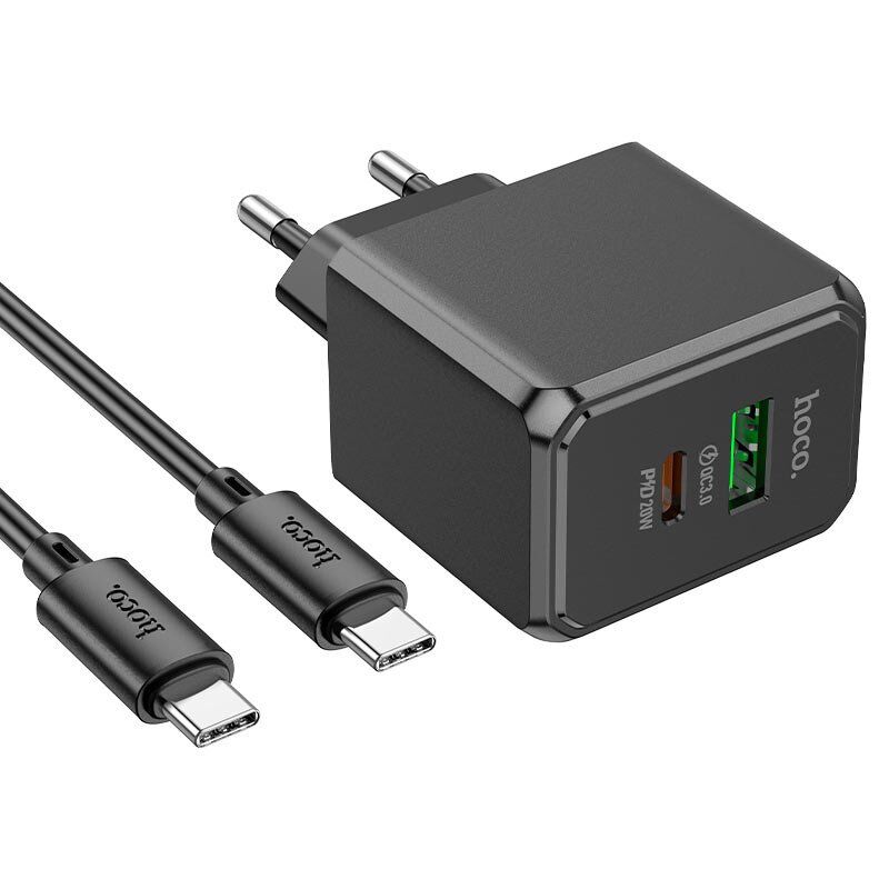 Мережевий зарядний пристрій HOCO CS14A TYPE-C PD 20W + USB QC 3.0 + кабель TYPE-C - TYPE-C, чорний Мережевий зарядний пристрій HOCO CS14A TYPE-C PD 20W + USB QC 3.0 + кабель TYPE-C - TYPE-C, чорний