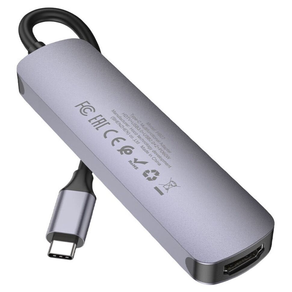 Адаптер-концентратор HOCO HB27 Type-C → USB 3.0 + 2×USB 2.0 + HDMI (HDTV) + PD, алюминиевый-серый Адаптер-концентратор HOCO HB27 Type-C → USB 3.0 + 2×USB 2.0 + HDMI (HDTV) + PD, алюминиевый-серый