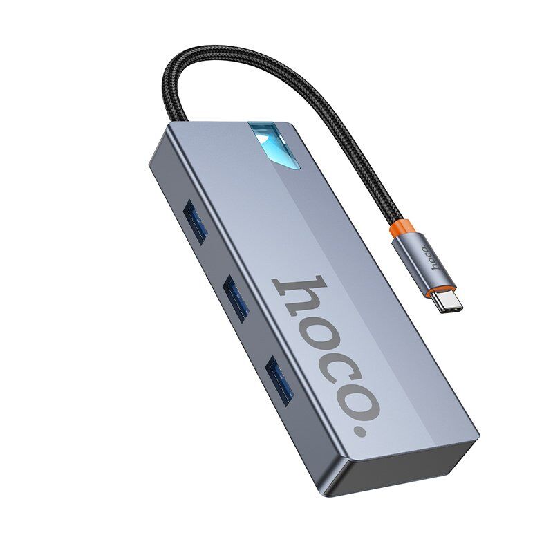 Адаптер-концентратор HOCO HB50 Wow 5-в-1 (Type-C → 3×USB 3.0 + HDMI (HDTV) + PD 100 Вт), металік-сірий