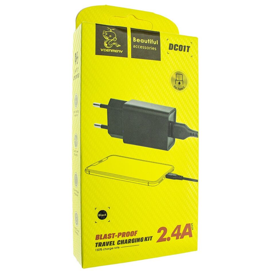 Мережевий зарядний пристрій DENMEN DC01T + CABLE USB Type-C 2.4A 1USB ЧОРНИЙ