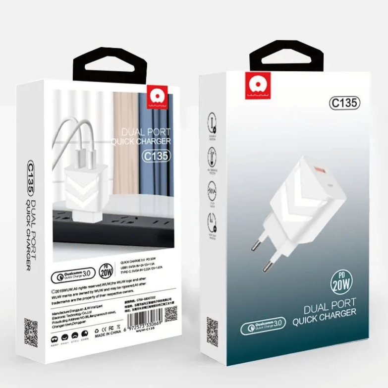 Мережевий зарядний пристрій WUW C135 TYPE-C PD 20W + USB QC3.0 18W Мережевий зарядний пристрій WUW C135 TYPE-C PD 20W + USB QC3.0 18W